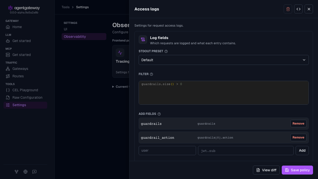 Access logs drawer with the guardrails.size() > 0 filter and the guardrails and guardrail_action fields