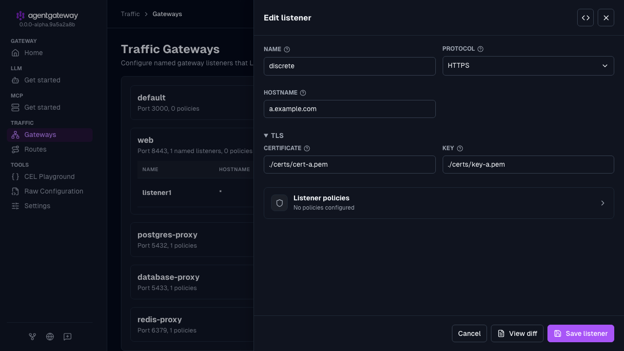 Edit listener drawer for listener1 on the web gateway, set up as an HTTPS listener for a.example.com with the cert-a.pem certificate and key-a.pem key