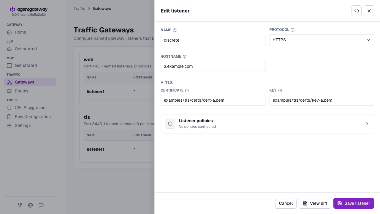 Edit listener drawer for listener1 on the web gateway, set up as an HTTPS listener for a.example.com with the cert-a.pem certificate and key-a.pem key