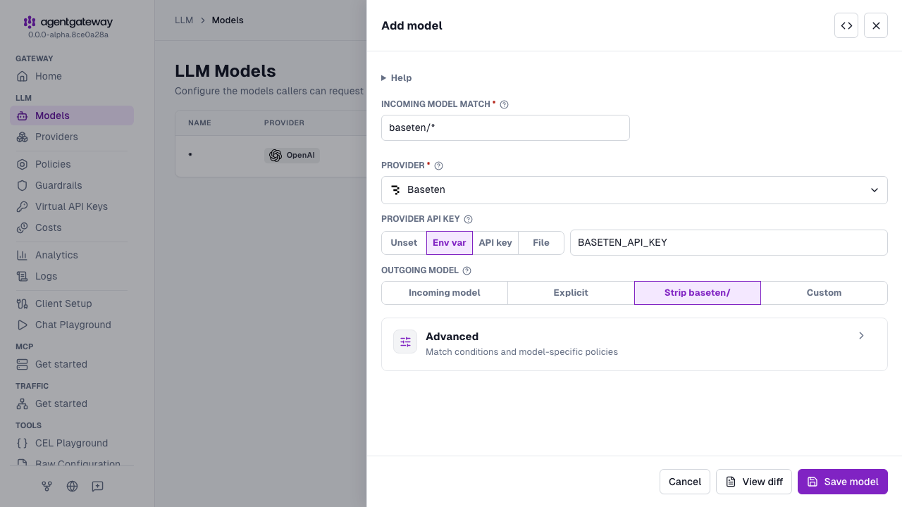 Add model drawer with Baseten selected as the provider, baseten/* as the incoming model match, and BASETEN_API_KEY as the environment variable for the provider API key