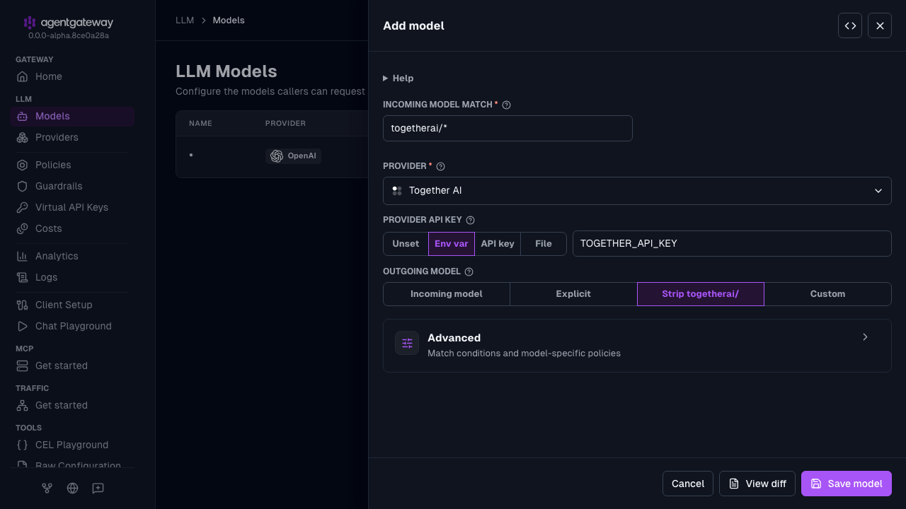 Add model drawer with Together AI selected as the provider, togetherai/* as the incoming model match, and TOGETHER_API_KEY as the environment variable for the provider API key