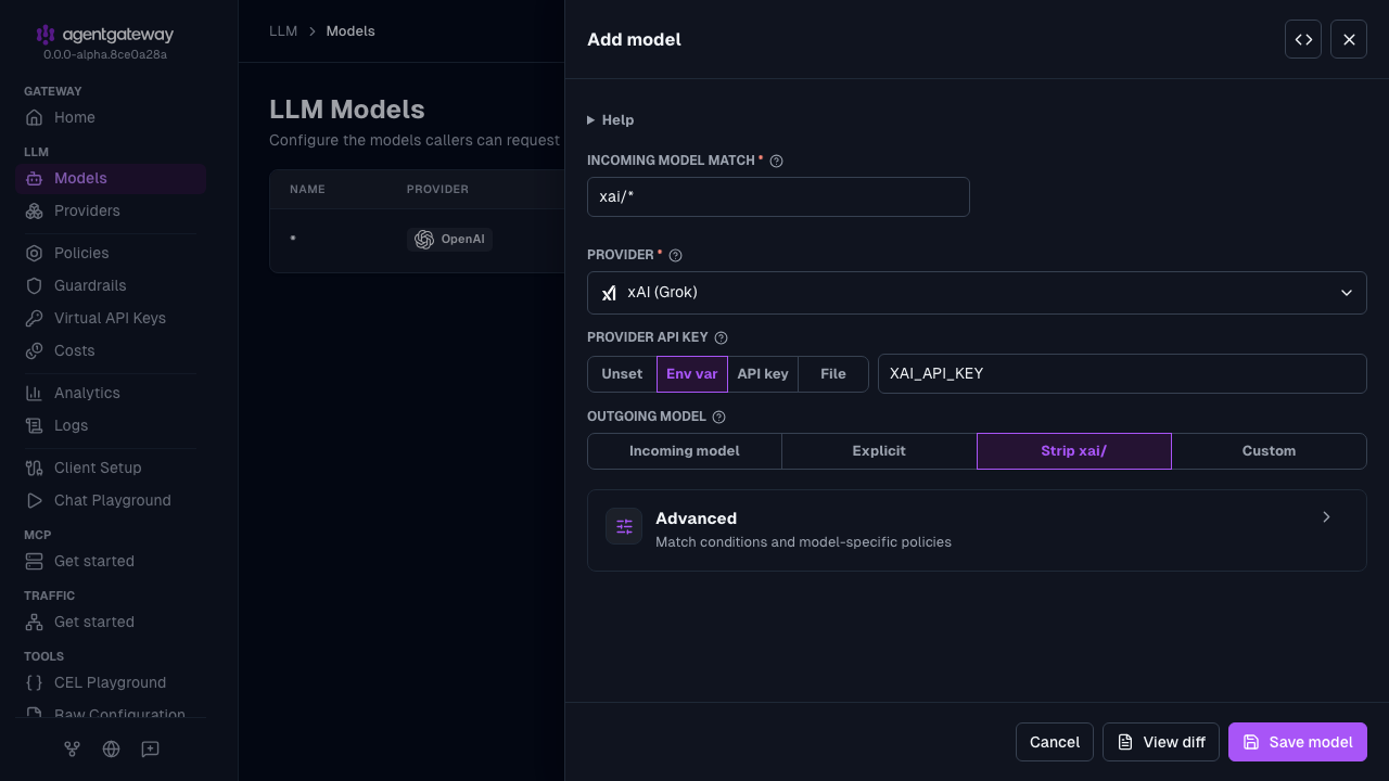 Add model drawer with xAI (Grok) selected as the provider, xai/* as the incoming model match, and XAI_API_KEY as the environment variable for the provider API key