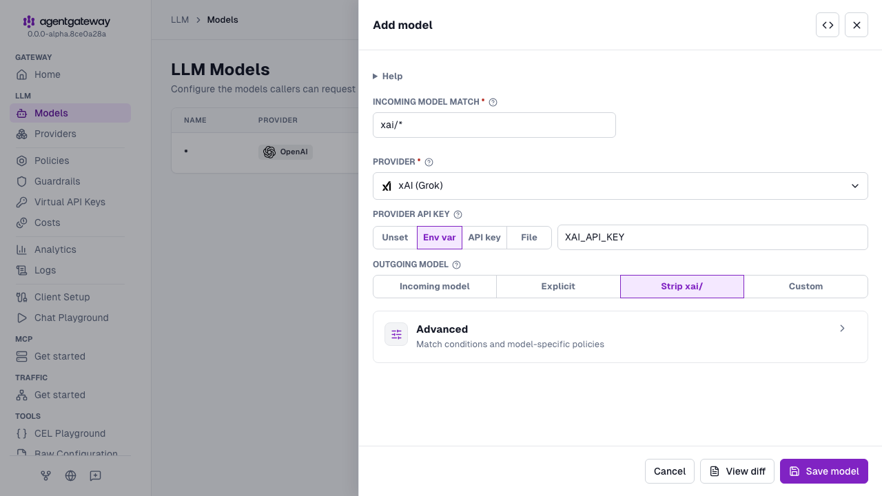Add model drawer with xAI (Grok) selected as the provider, xai/* as the incoming model match, and XAI_API_KEY as the environment variable for the provider API key