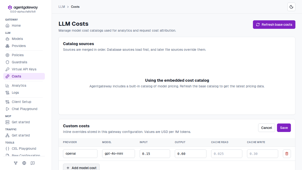 LLM Costs page with Custom costs in edit mode and an openai gpt-4o-mini row with input cost 0.15 and output cost 0.60