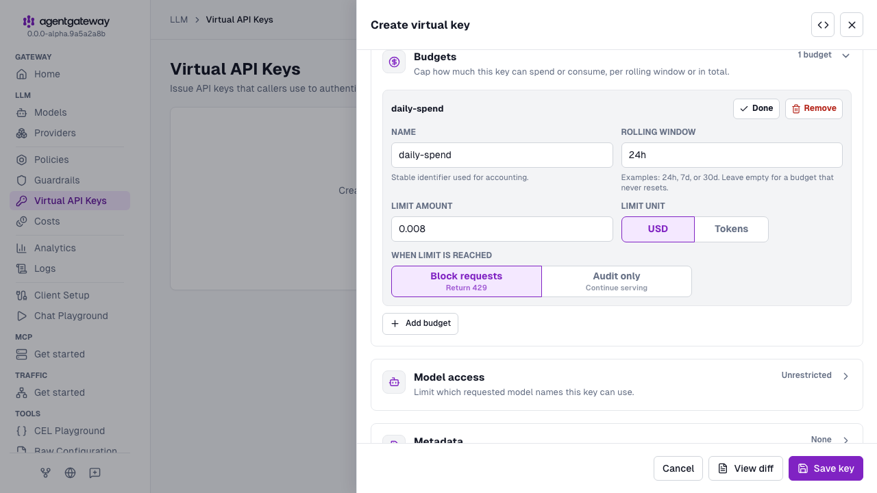 Create virtual key drawer for team-a scrolled to a daily spend budget of 0.008 USD every 24h that blocks requests