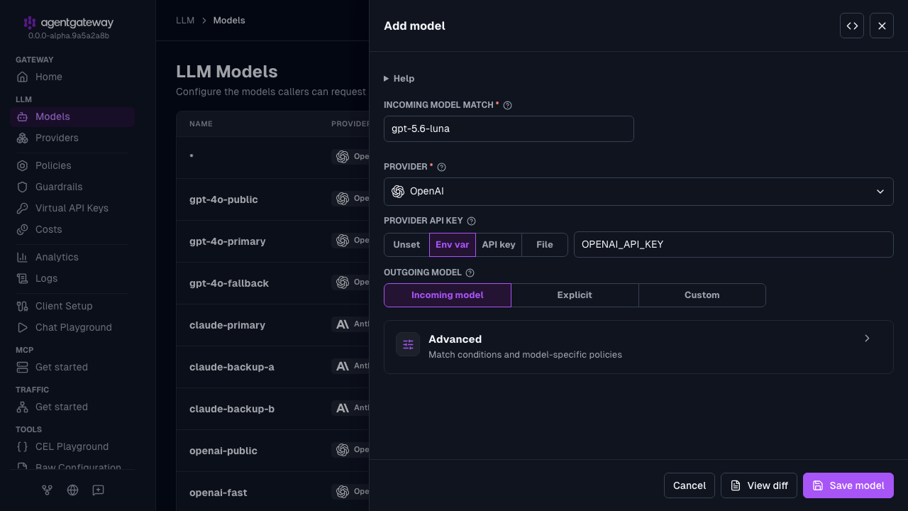 Add model drawer with the OpenAI provider, the gpt-5.6-luna match, the OPENAI_API_KEY environment variable, and Incoming model as the outgoing model