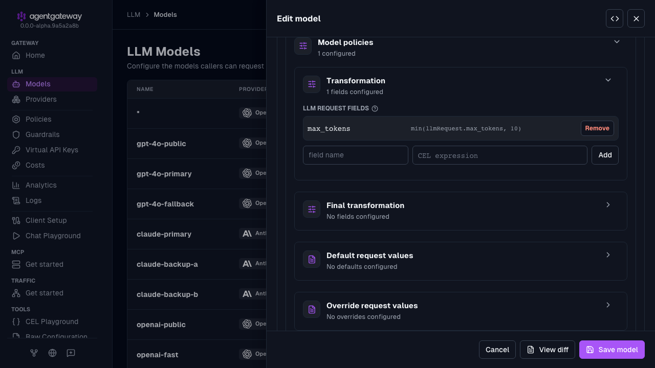 Edit model drawer with the Transformation section expanded, showing the max_tokens field set to min(llmRequest.max_tokens, 10)