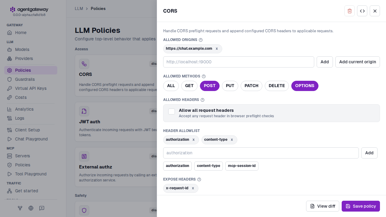 CORS policy drawer with the allowed origin, the POST and OPTIONS methods, and the authorization and content-type allowed headers