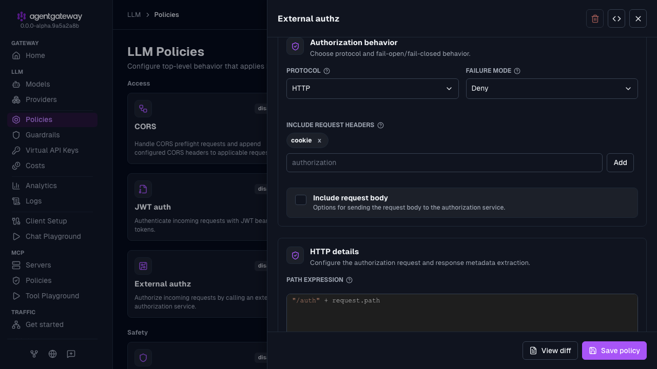 External authorization drawer with the HTTP protocol and the cookie request header