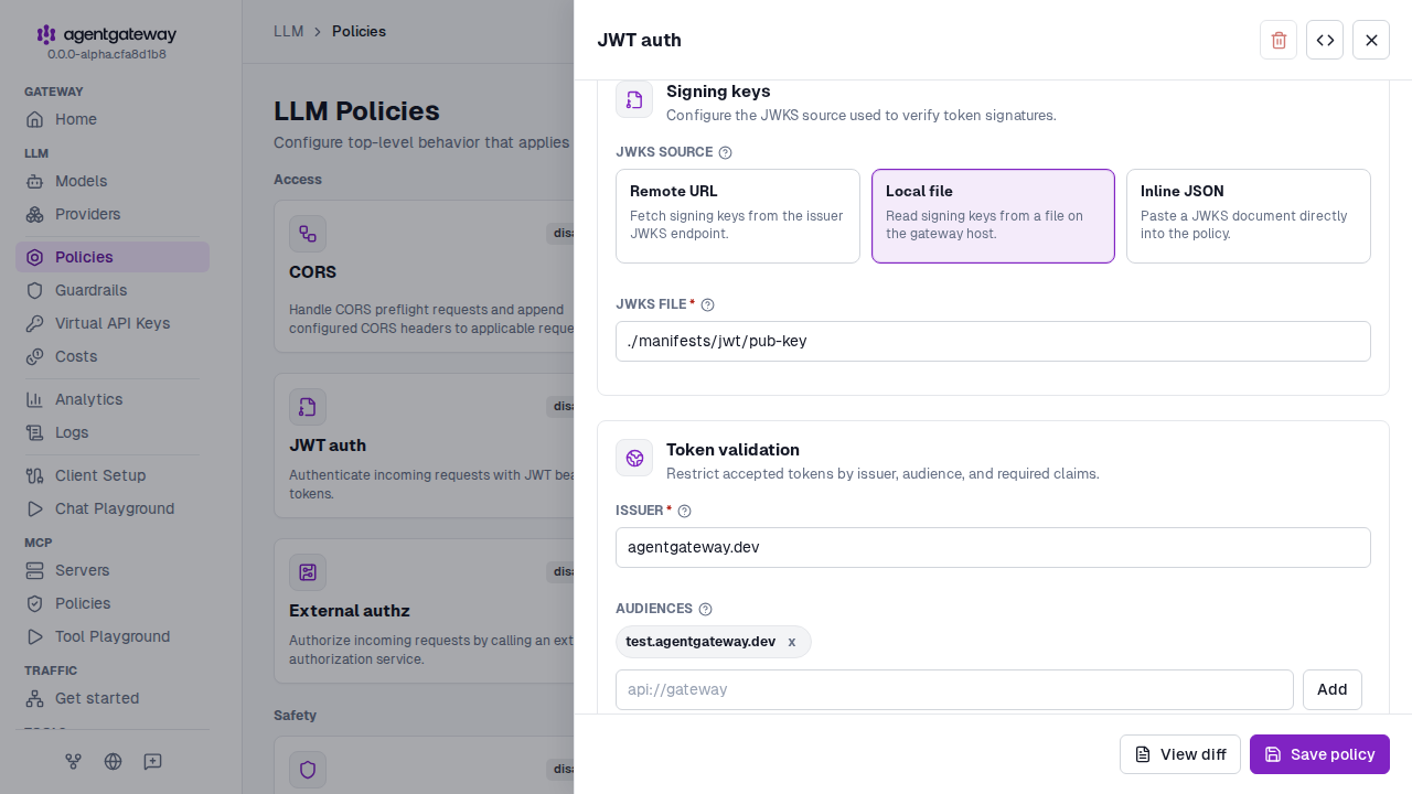 JWT authentication drawer with a local JWKS file, the agentgateway.dev issuer, and the test.agentgateway.dev audience