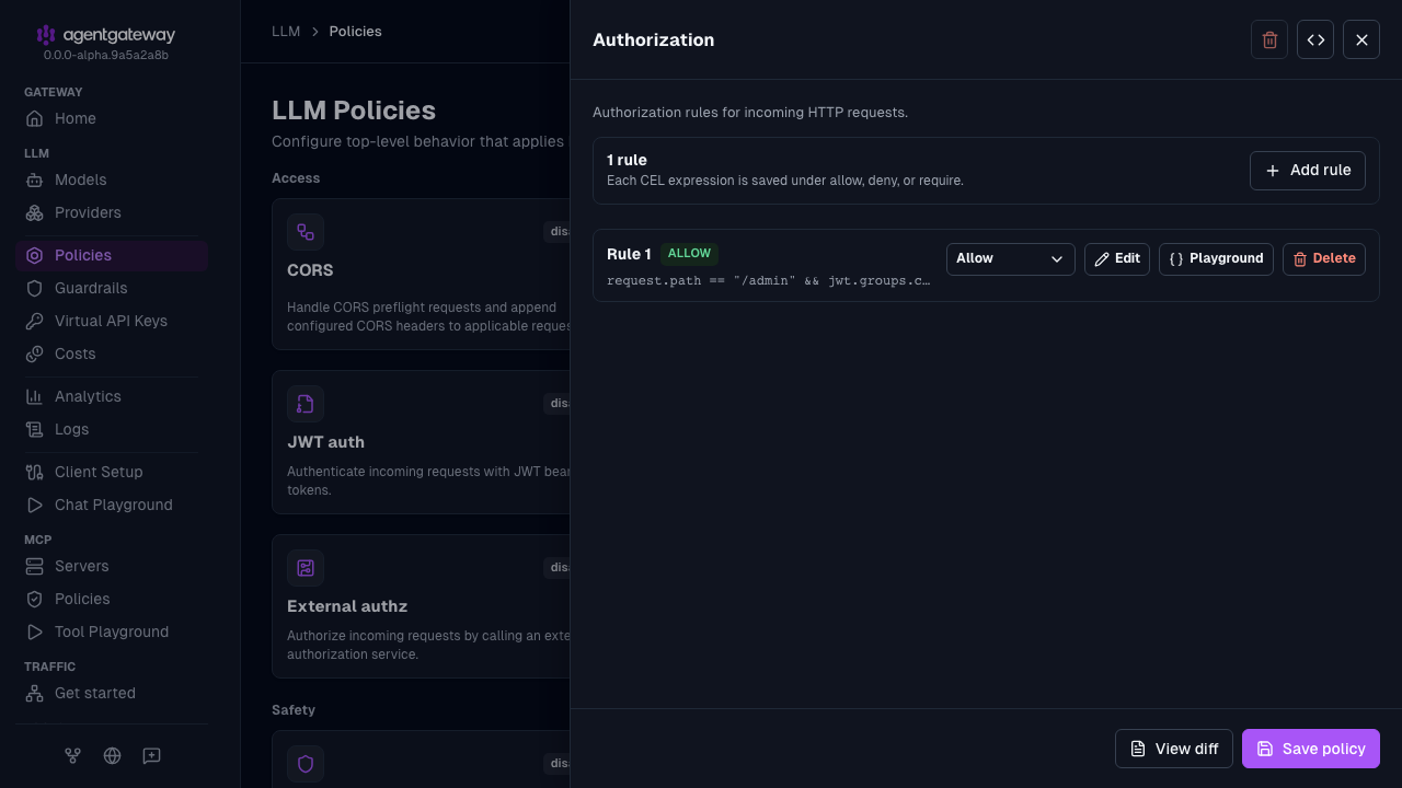 Authorization policy drawer with one allow rule for the /admin path and the admins group
