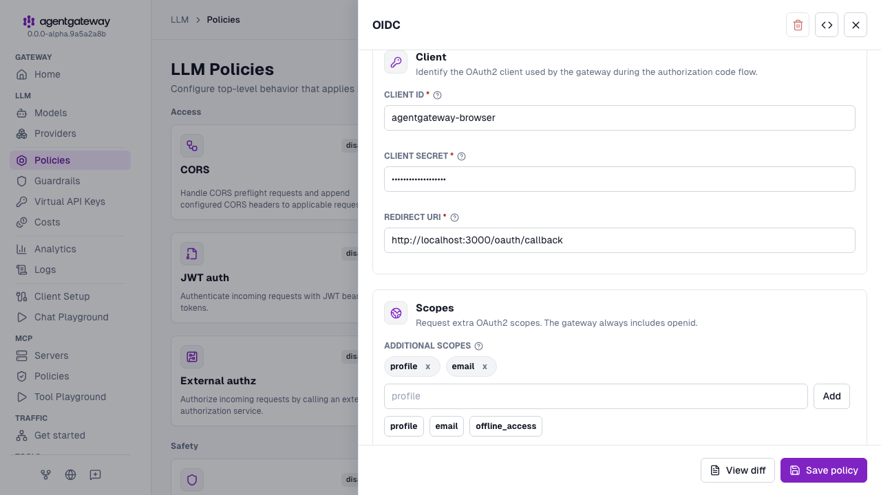 OIDC policy drawer scrolled to the client ID, client secret, redirect URI, and the profile and email scopes