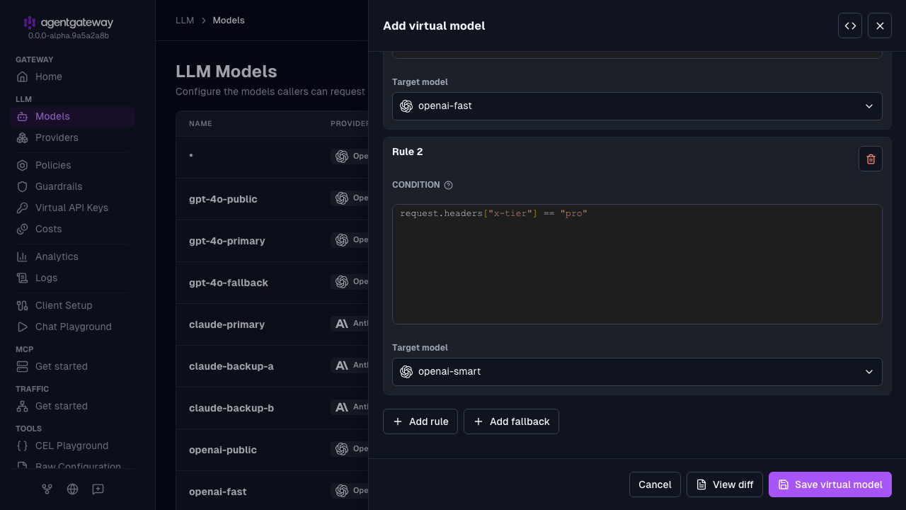 Add virtual model drawer scrolled to rule 2, which sends x-tier pro requests to openai-smart