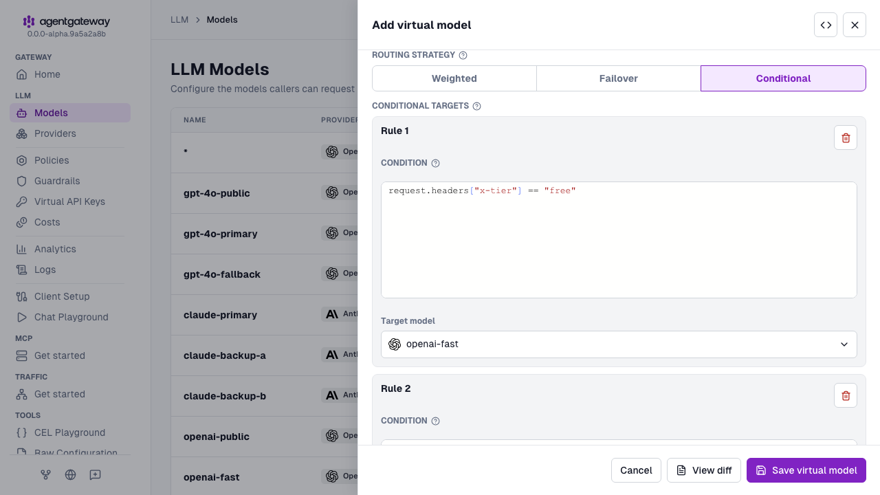 Add virtual model drawer for the adaptive virtual model with rule 1 that sends x-tier free requests to openai-fast