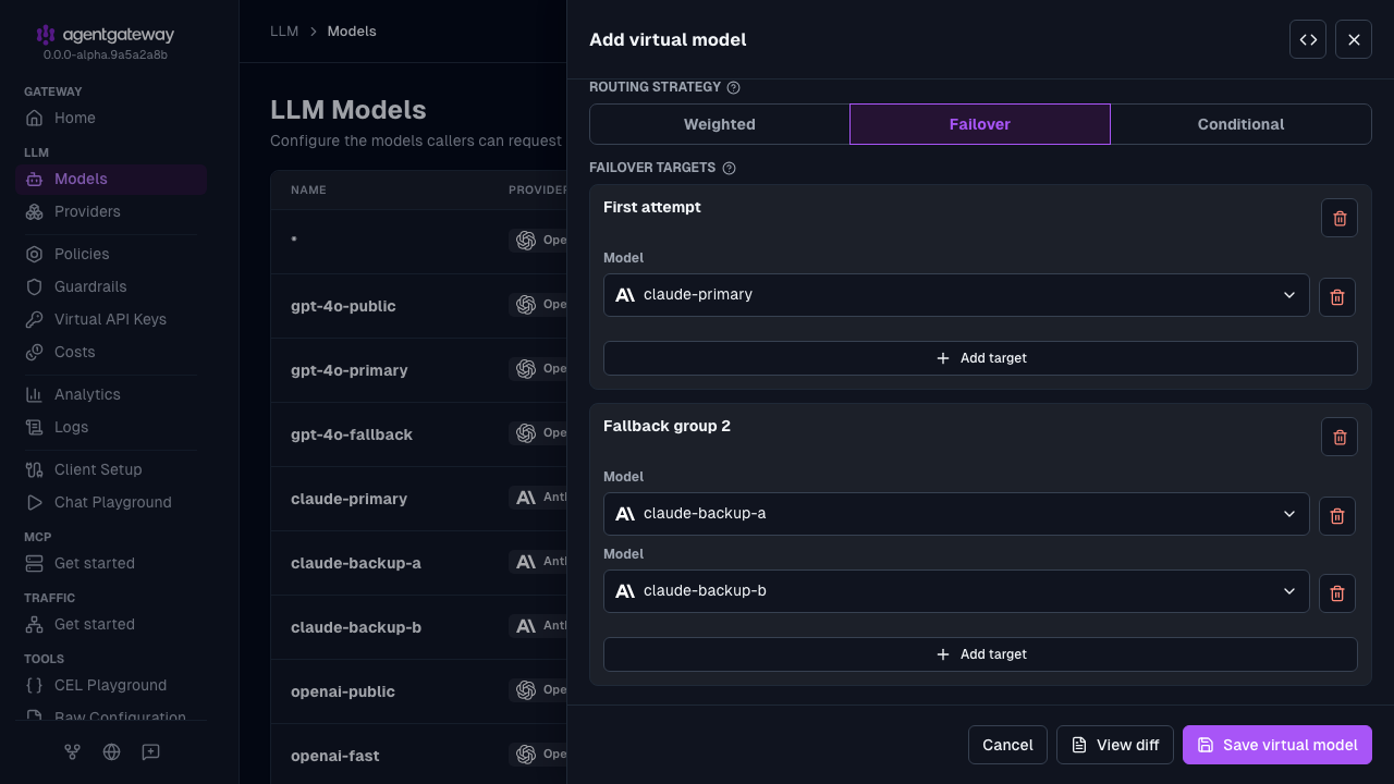 Add virtual model drawer for the resilient virtual model with claude-primary as the first attempt and claude-backup-a and claude-backup-b as the fallback group