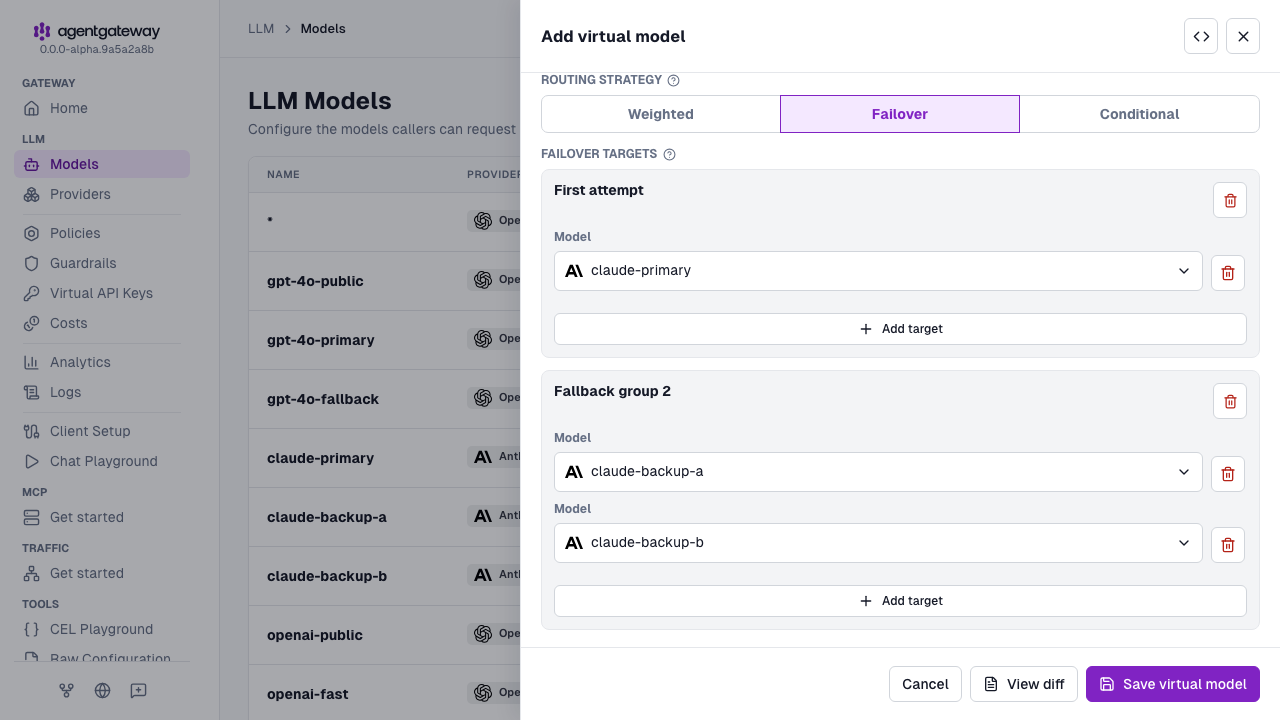 Add virtual model drawer for the resilient virtual model with claude-primary as the first attempt and claude-backup-a and claude-backup-b as the fallback group