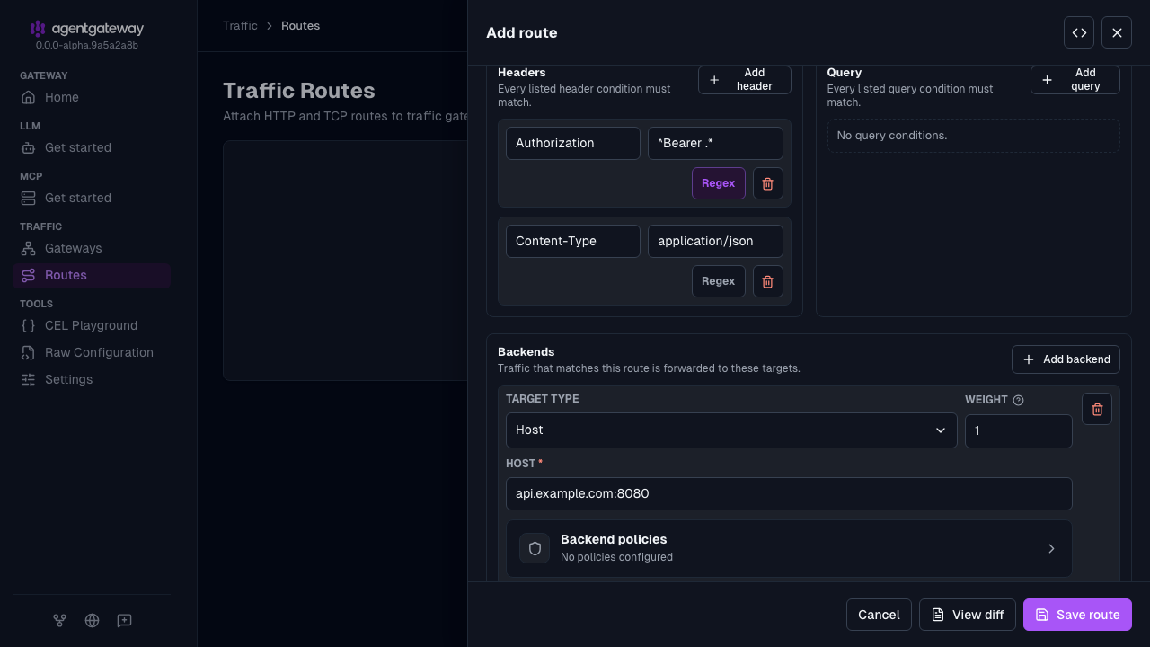 Add route drawer for the multi-header route with a regex Authorization header condition, an exact Content-Type header condition, and the backend