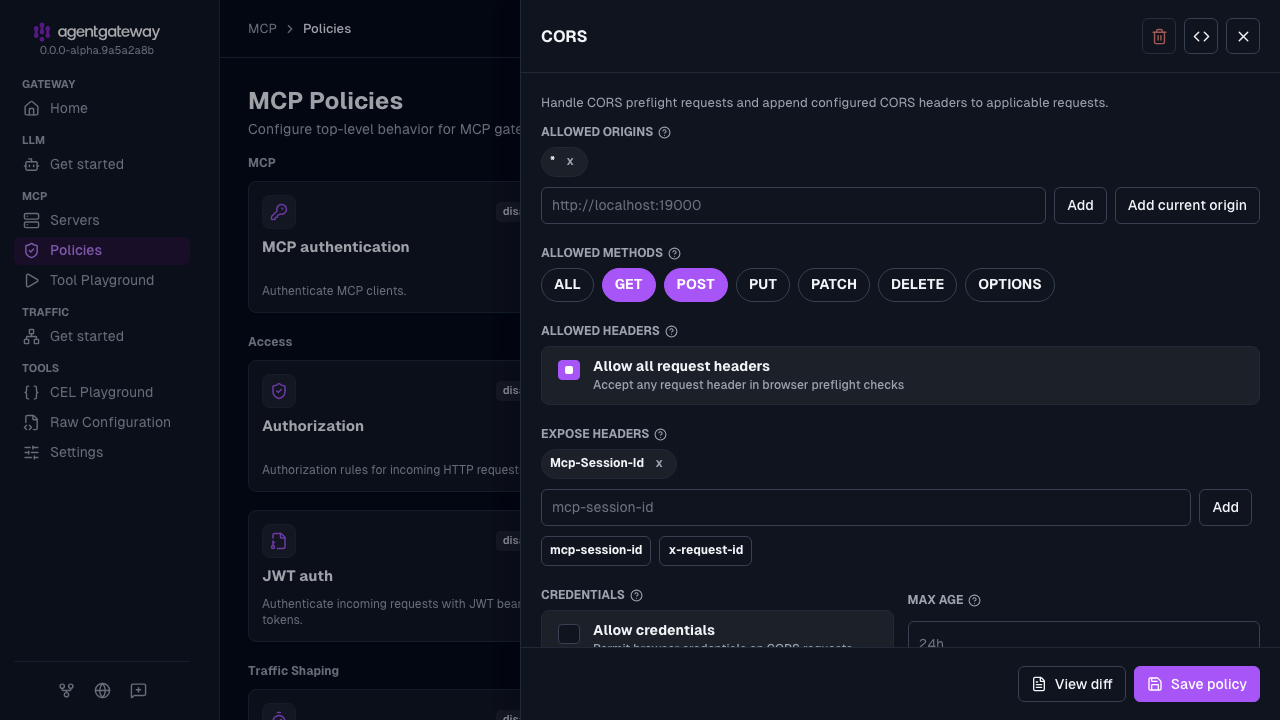 MCP CORS policy drawer with the * allowed origin and the Mcp-Session-Id expose header
