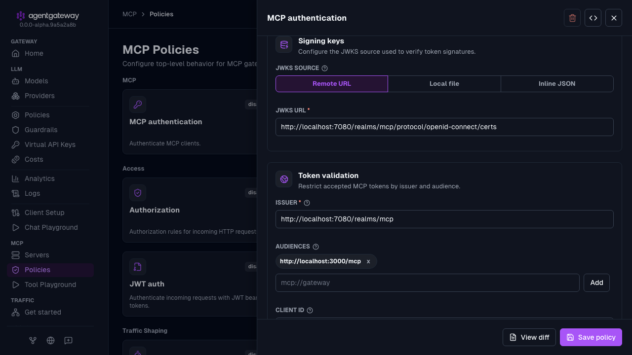 MCP authentication drawer with the Keycloak JWKS URL, issuer, and audience