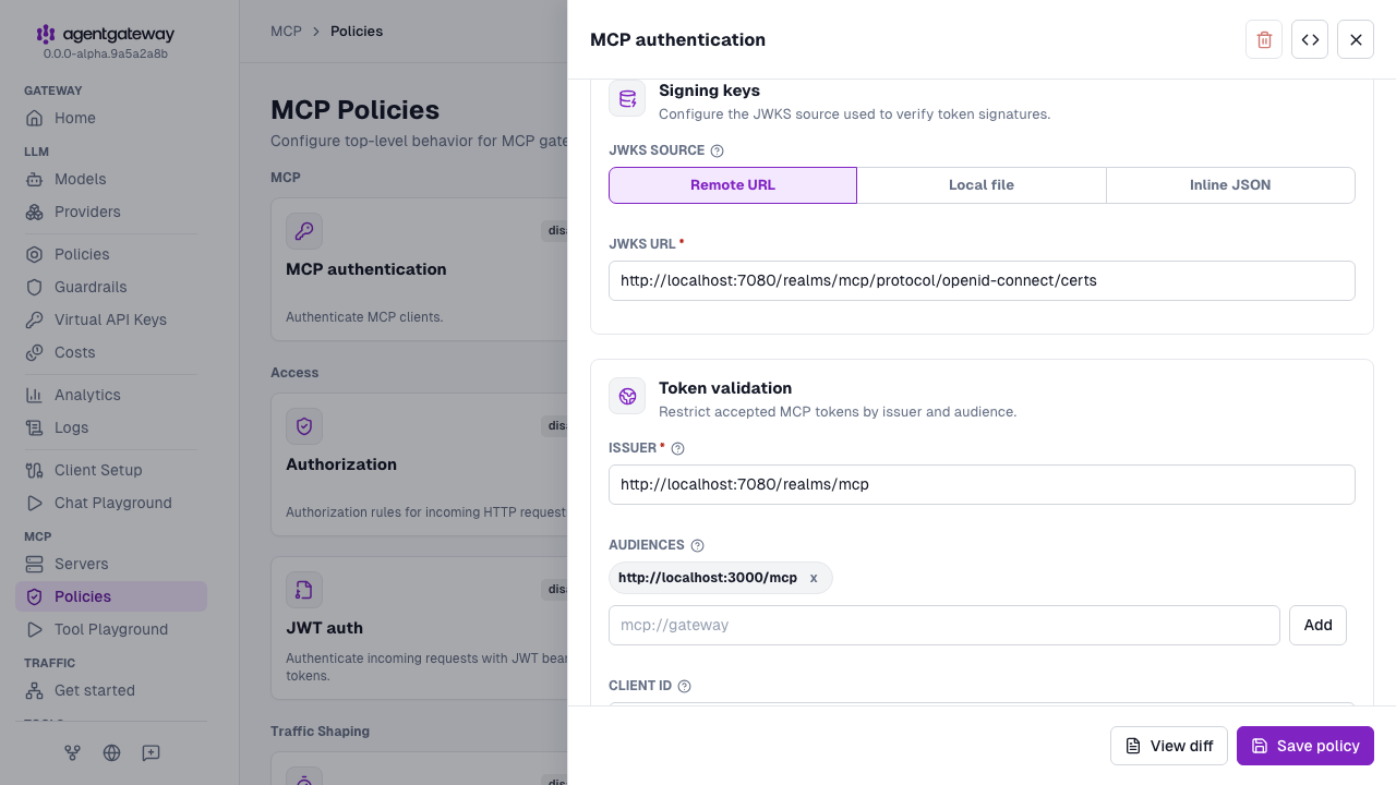 MCP authentication drawer with the Keycloak JWKS URL, issuer, and audience