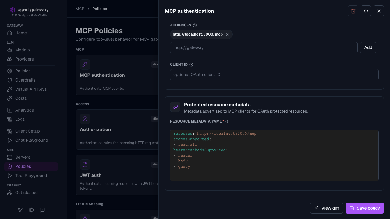 MCP authentication drawer scrolled to the resource metadata YAML for the resource server setup