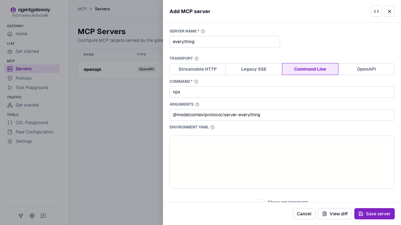 Add MCP server drawer for the everything target with the npx command and the @modelcontextprotocol/server-everything argument