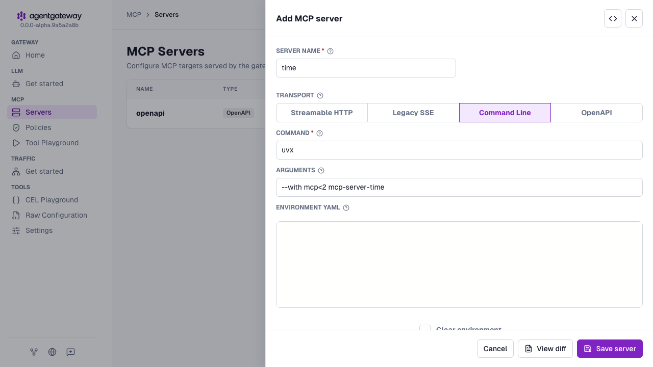 Add MCP server drawer for the time target with the uvx command and the mcp-server-time arguments