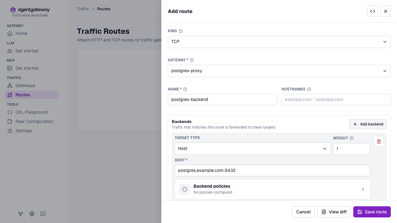Add route drawer with the TCP kind, the postgres-proxy gateway, the postgres-backend route name, and the postgres.example.com:5432 backend with weight 1