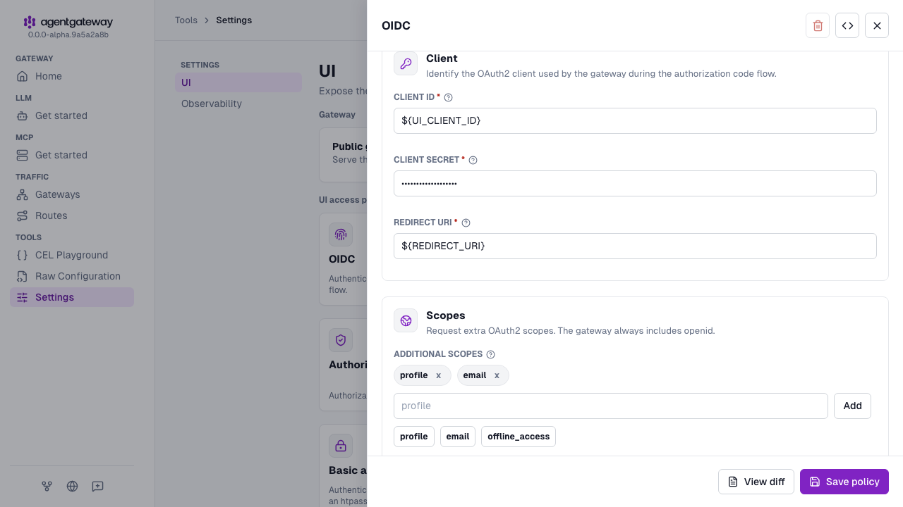 UI OIDC settings drawer scrolled to the client ID, client secret, and redirect URI environment variables and the profile and email scopes