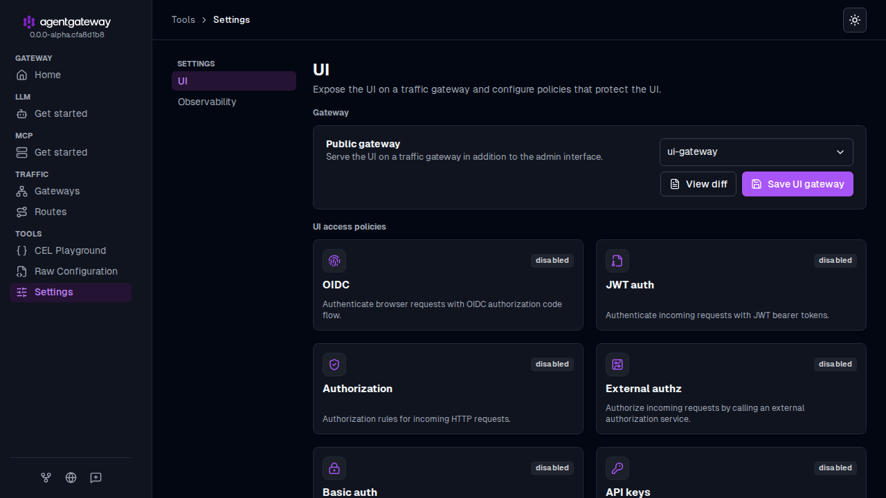 Settings UI page with the Public gateway dropdown set to ui-gateway, the Save UI gateway button, and the UI access policy cards