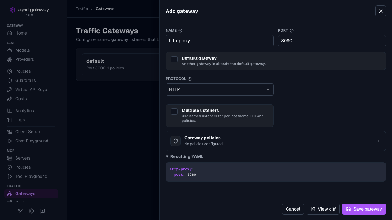 Add gateway drawer with Default gateway selected, so that the gateway is named default and listens on port 3000