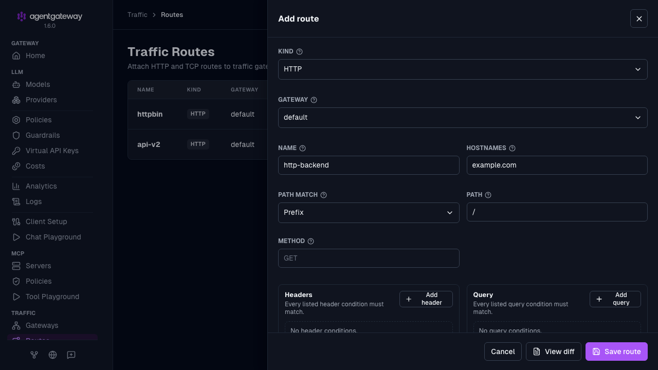 Add route drawer for the http-backend route on the http-proxy gateway, showing the match fields