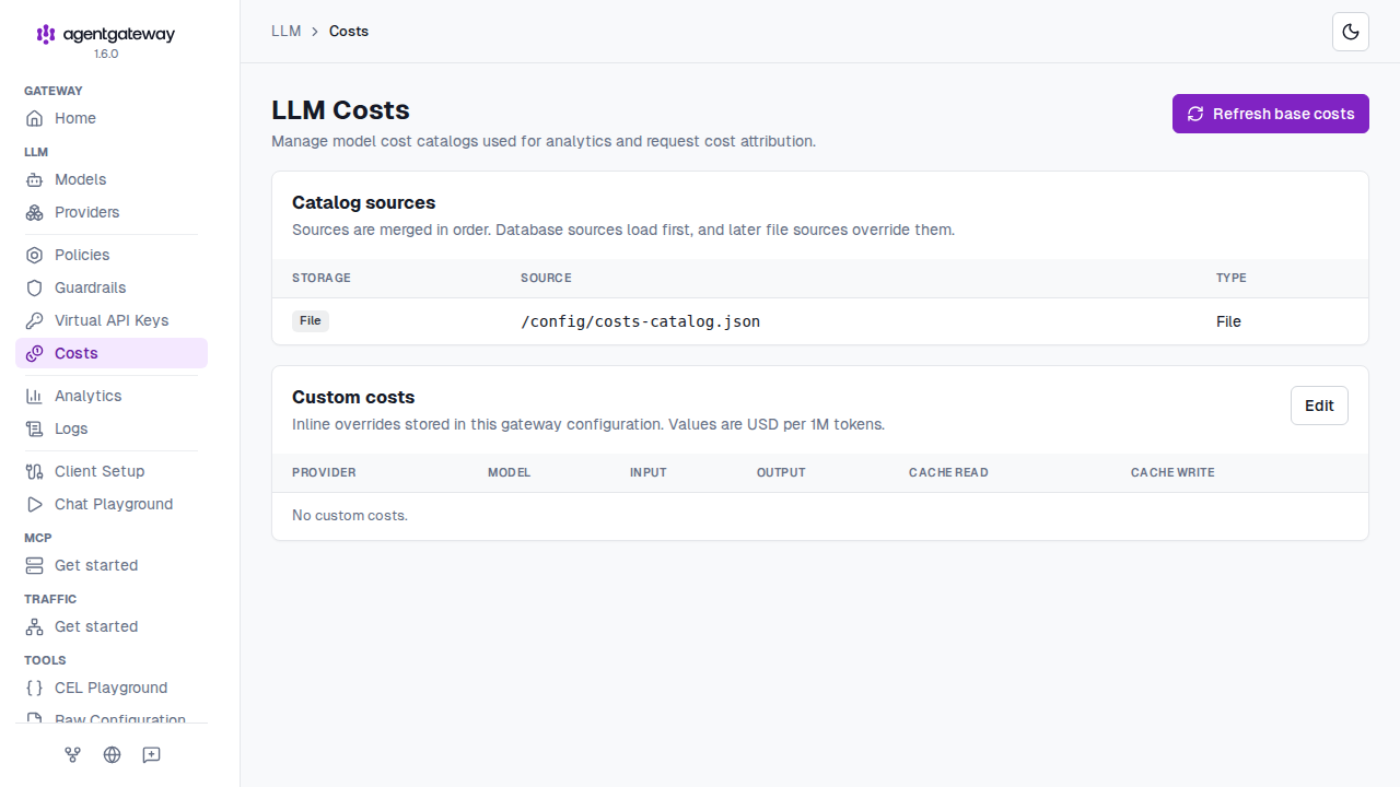 UI LLM Costs page showing catalog sources and custom cost overrides