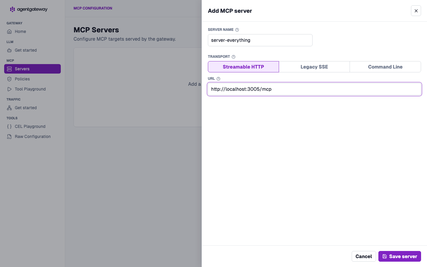 Add MCP server drawer with the server name server-everything, the Streamable HTTP transport, and the URL http://localhost:3005/mcp