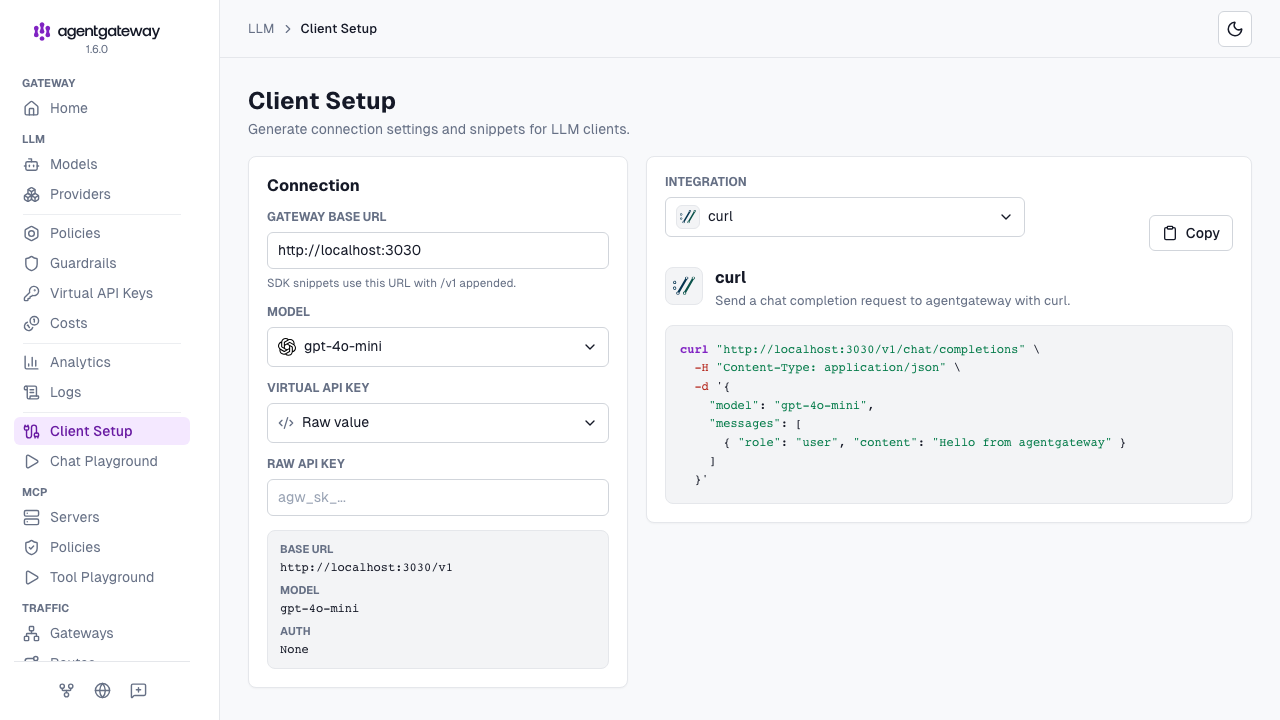 LLM Client Setup page with connection settings on the left and a generated curl snippet on the right